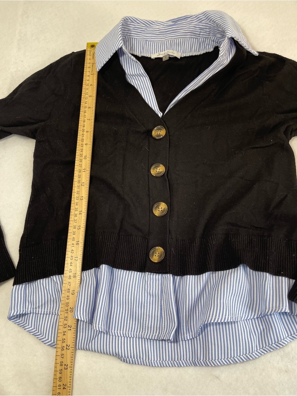 Sioni Milano Women’s M Layered Cardigan Shirt Black Blue Stripe Preppy Sweater - Picture 4 of 7
